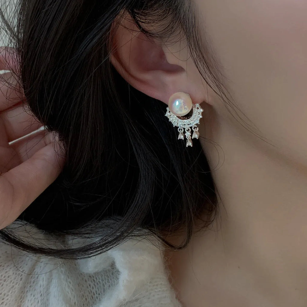 High-Grade Artificial Crystal Water Drop Tassel Earrings Round Geometry Mosquito Coil Ear Clip Electroplated Finish for Evening Wear