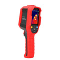 UTi series handheld infrared thermal imager with display screen shown alongside USB cable and storage bag.