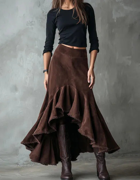 Brown women's maxi skirt with high-low hem and ruffle details in a Western leisure style.