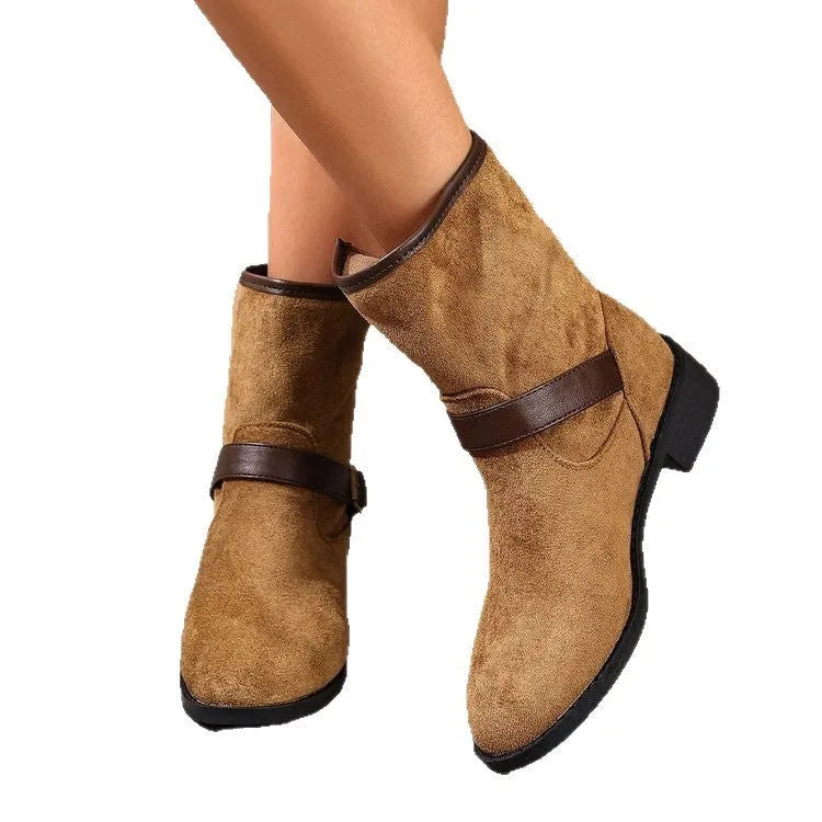 Casual women's Martin boots in khaki with metal buckle, slip-on style, low shaft, pointed toe, rubber sole