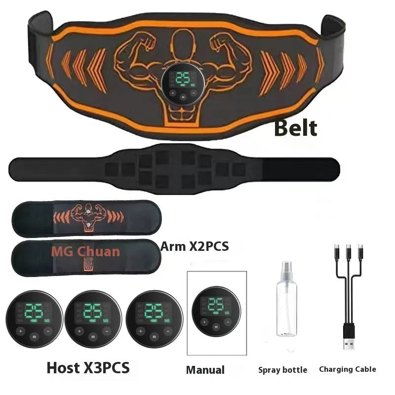 Smart massage belt with EMS technology showing blue and orange colour options