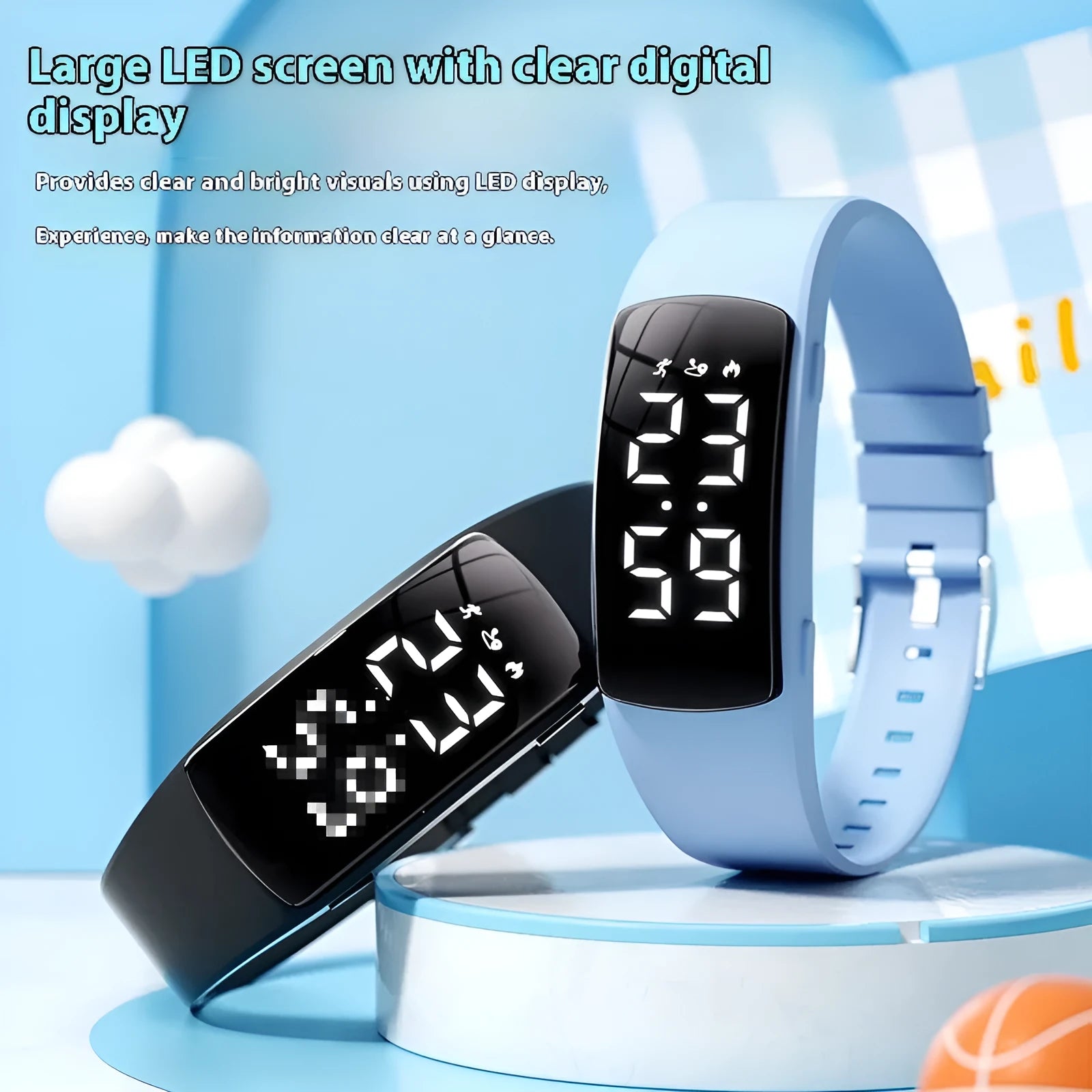 Smart vibration alarm waterproof watch with LED display and silicone strap in multiple colour options
