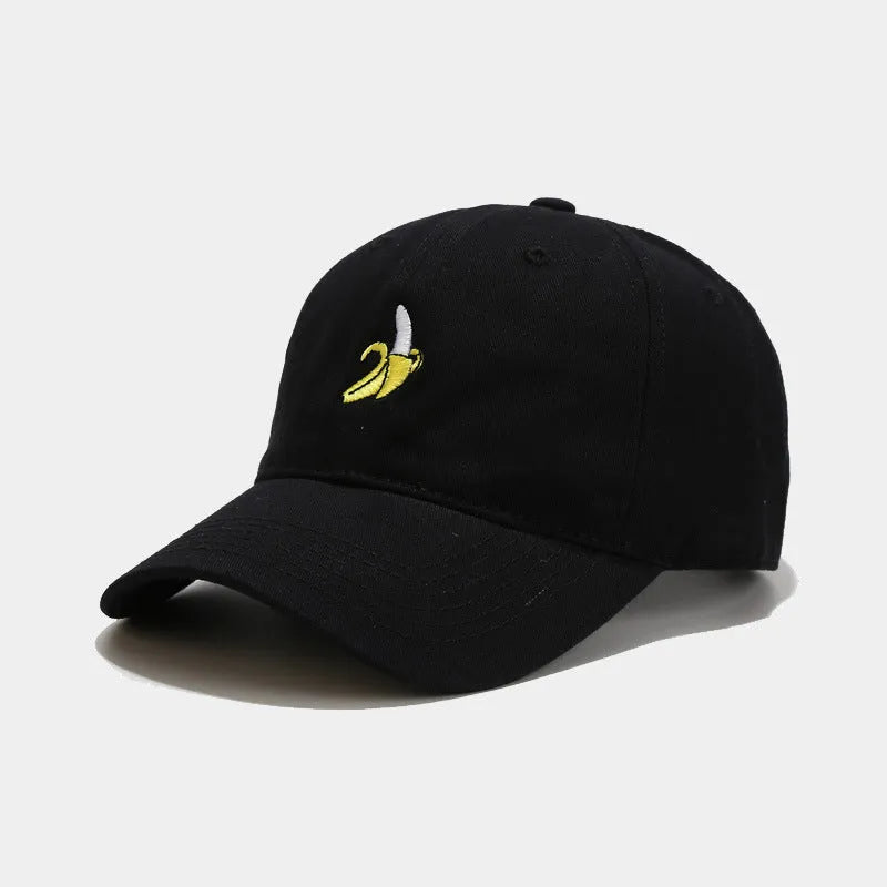 Adjustable baseball cap with cute banana embroidery in seven colour options on soft polyester fabric