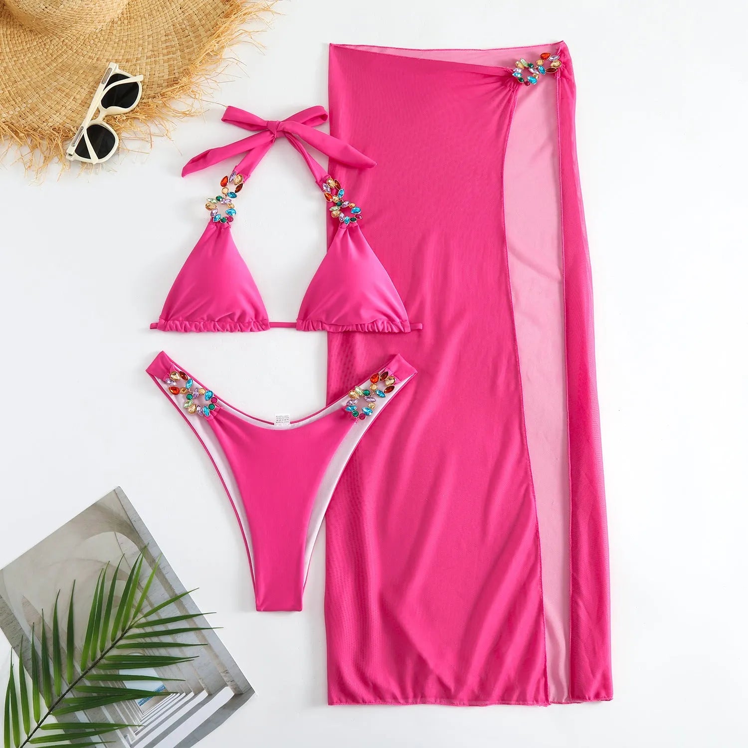 Light Diamond women's rose red three-piece swimsuit set with mesh long skirt