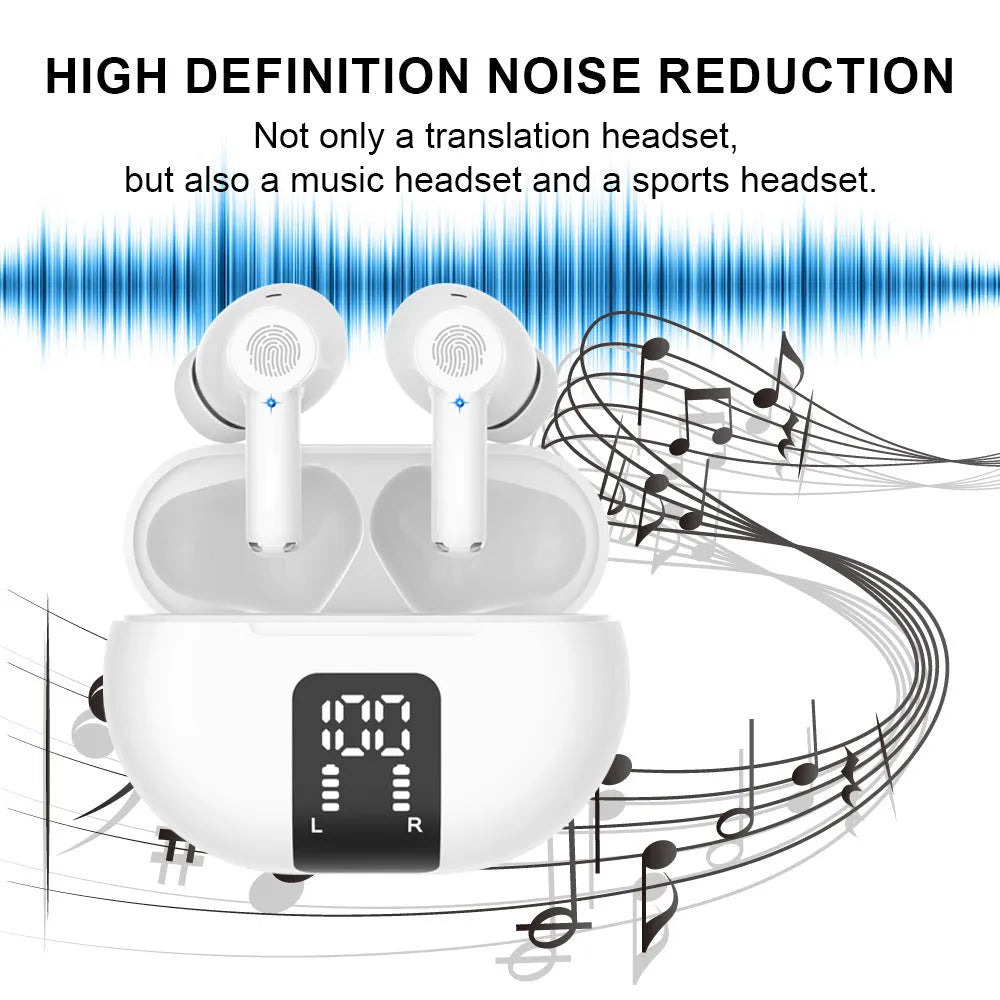 M10 wireless Bluetooth earbuds with voice translation, touch control, ABS build, 6.2 cm size, in black and white colours