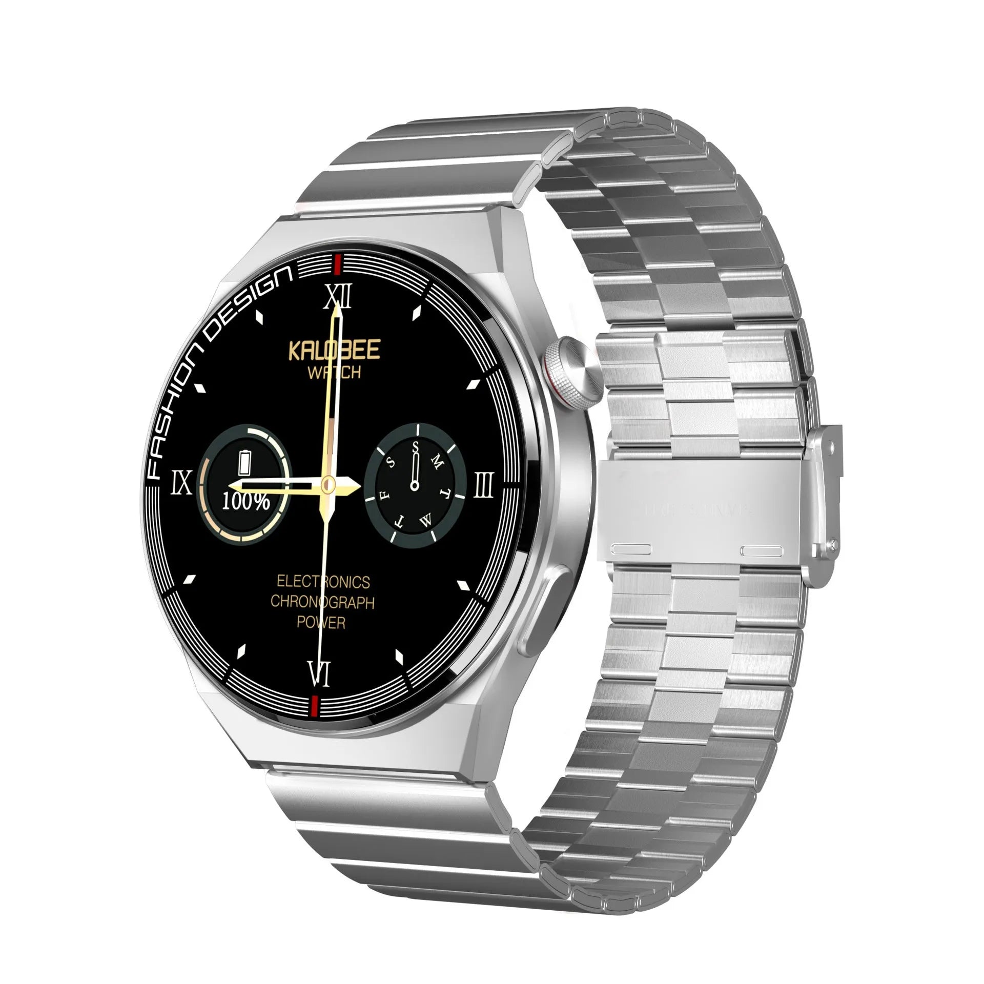Black Bluetooth smartwatch with 1.28 inch screen on a silicone strap, showing heart rate display
