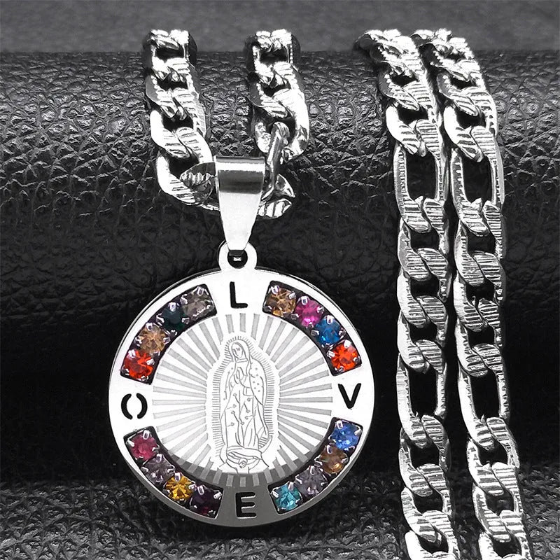 Colour crystal necklace titanium steel electroplated finish geometric shape gold and steel colour unisex