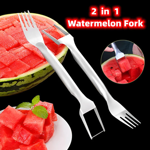 Silver stainless steel watermelon slicer and serving fork on a kitchen counter