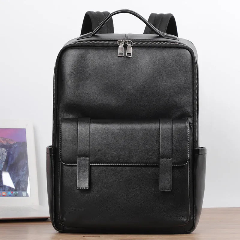 Men's black genuine leather computer backpack with 36-55 litre capacity and business styling