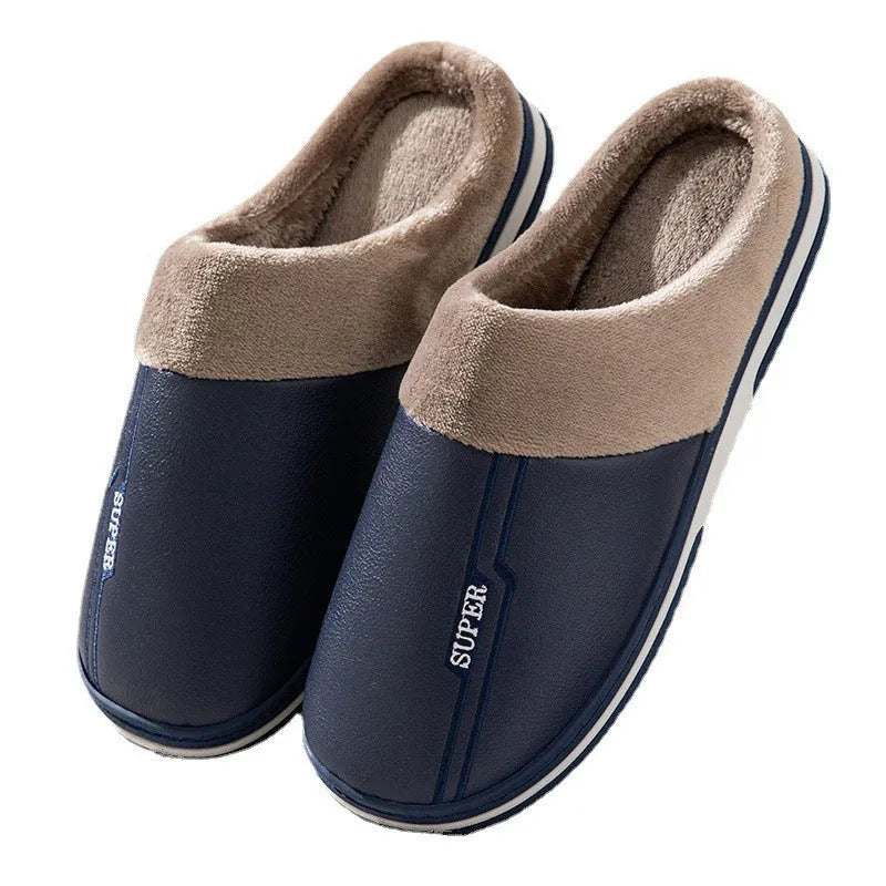 Men's winter slippers with artificial PU upper, rubber sole, 3cm heel, brown or dark blue, sizes 40-50