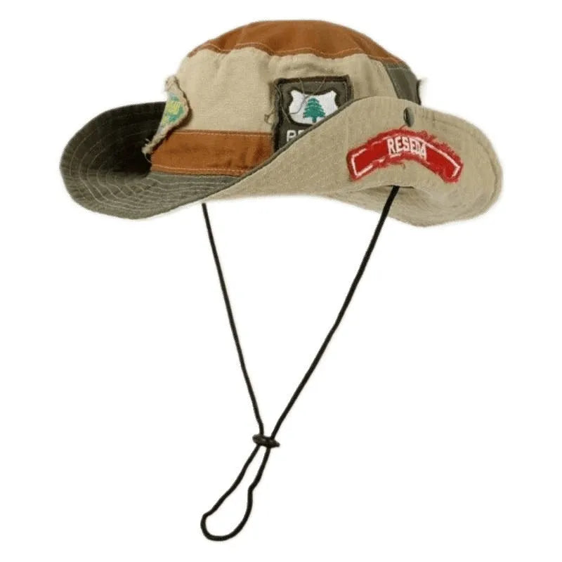 Army green cotton women's fisherman hat with flat top crown and hand-painted patchwork design