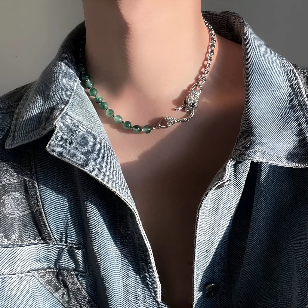 Shenlin Spirit Snake Stitching Lvzhu men's necklace in deep forest colour with titanium steel bone chain