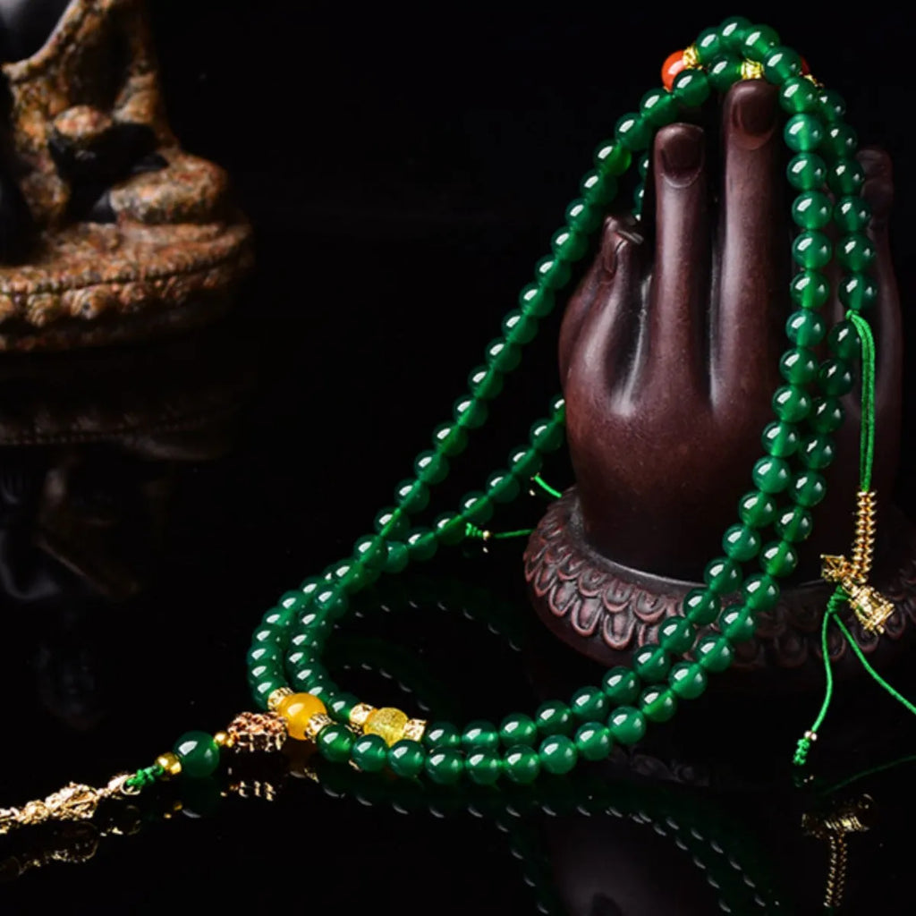Brazilian natural green agate multi-circle bracelet for men and women on a wrist.