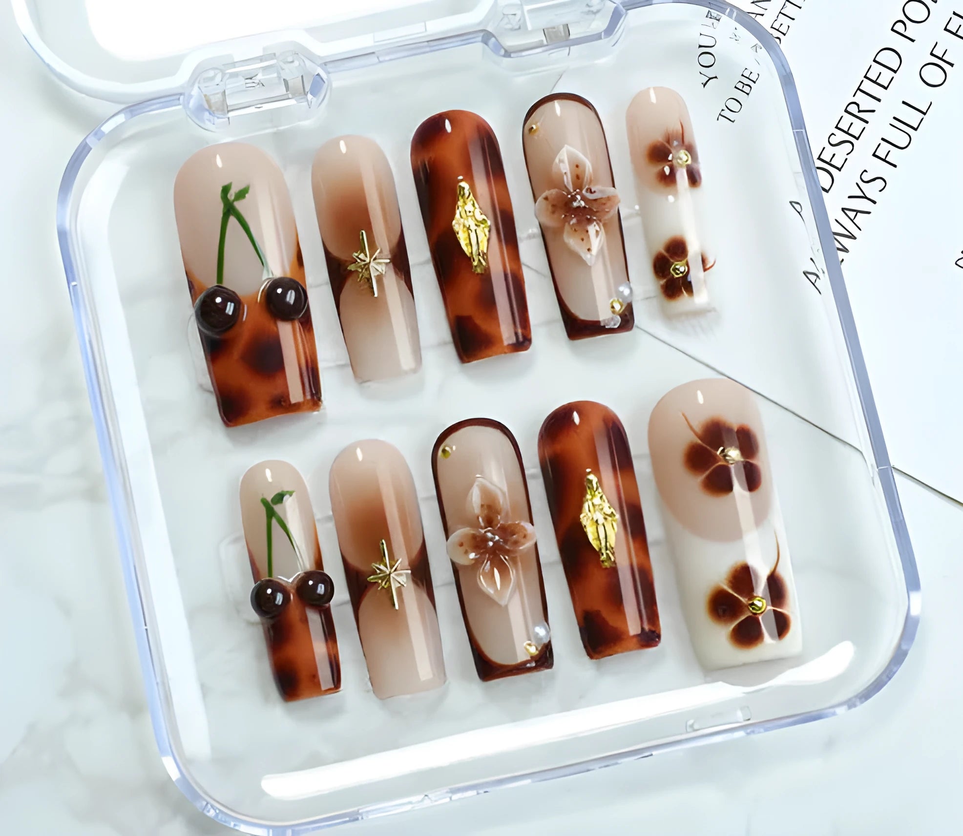 Handmade nail art painting kit with heavy industry love design, jelly glue, applicator strip, and nail patches.