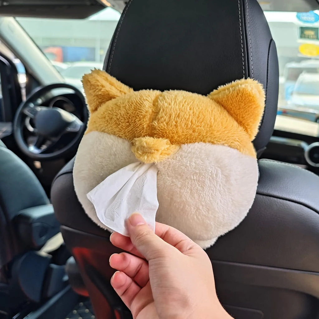 Yellow corgi butt shaped tissue box cover with elastic strap for car sun visor