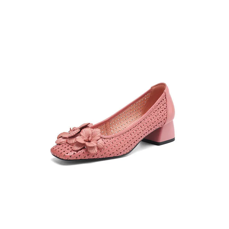 Light brown women's leather pumps with hollow weave design and a mid heel on a beef tendon sole.