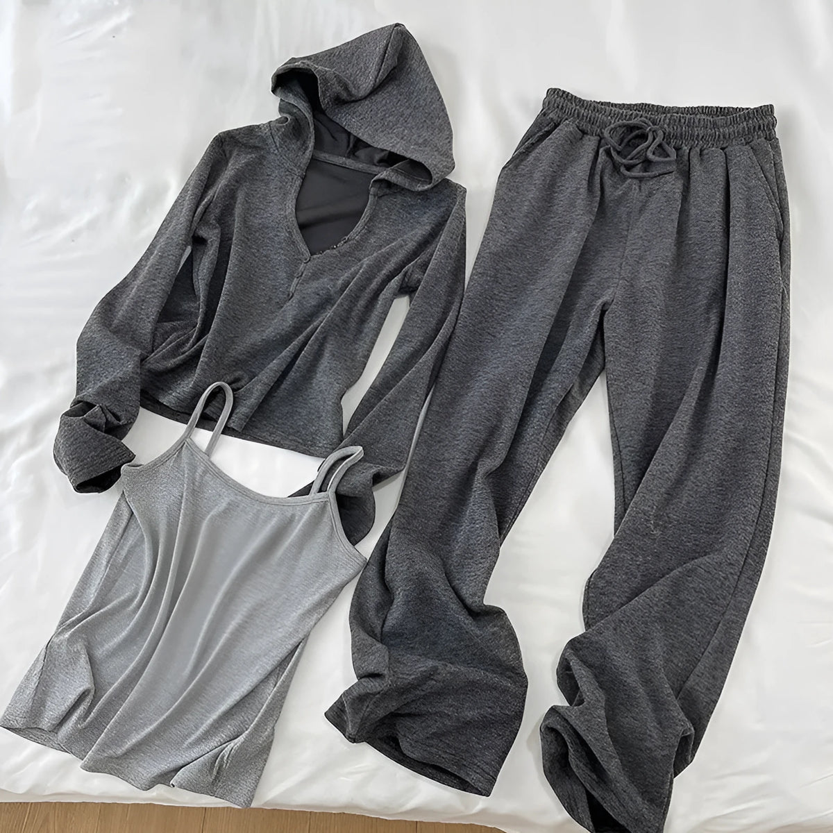 Grey three-piece women's casual sports suit with long sleeve princess top, shorts and vest, sizes L to 4XL