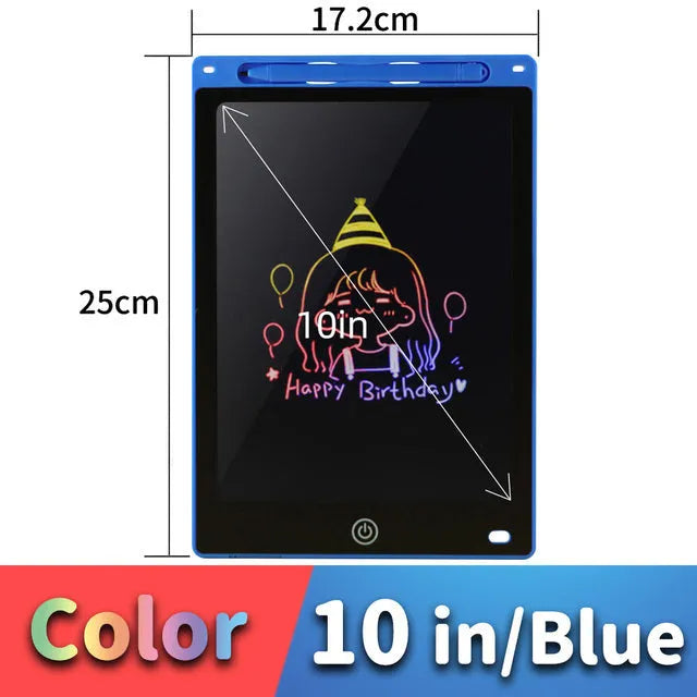LCD drawing tablet in multiple colours and sizes with plastic stylus on screen.