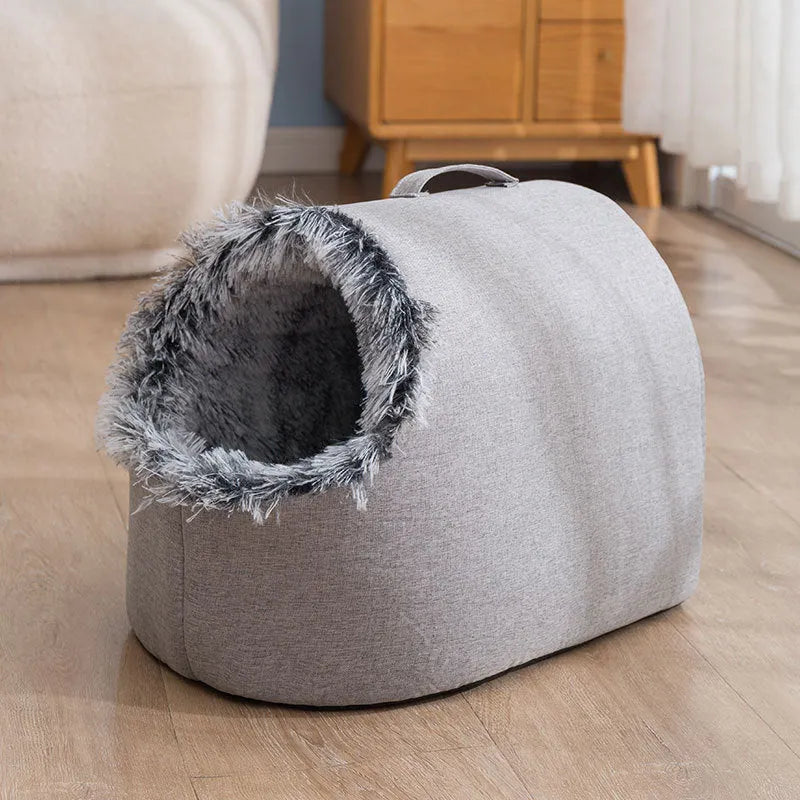 Fleece-lined closed cat sleeping bag nest in grey colour, shown with M size dimensions of 40x30x28 cm.