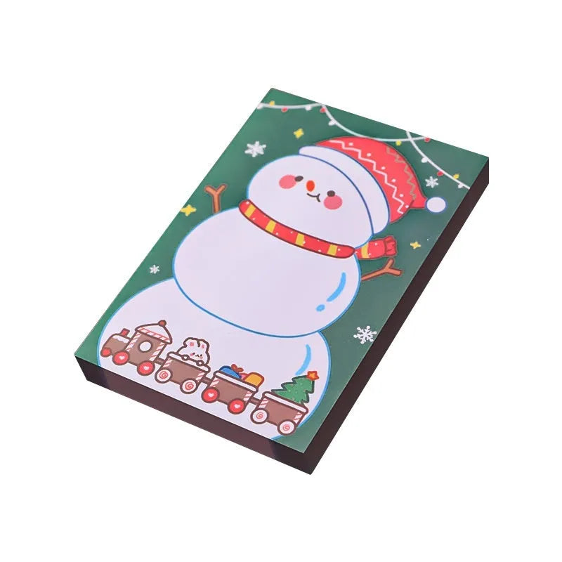 Christmas cartoon sticky notes pad with Santa, snowman, elf, gift, sled, house, bear and crystal ball designs