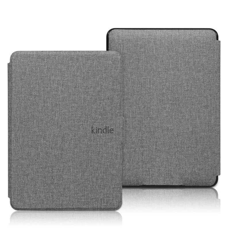 Linen-textured hard case for Kindle e-reader with magnetic closure, shown in purple colour.