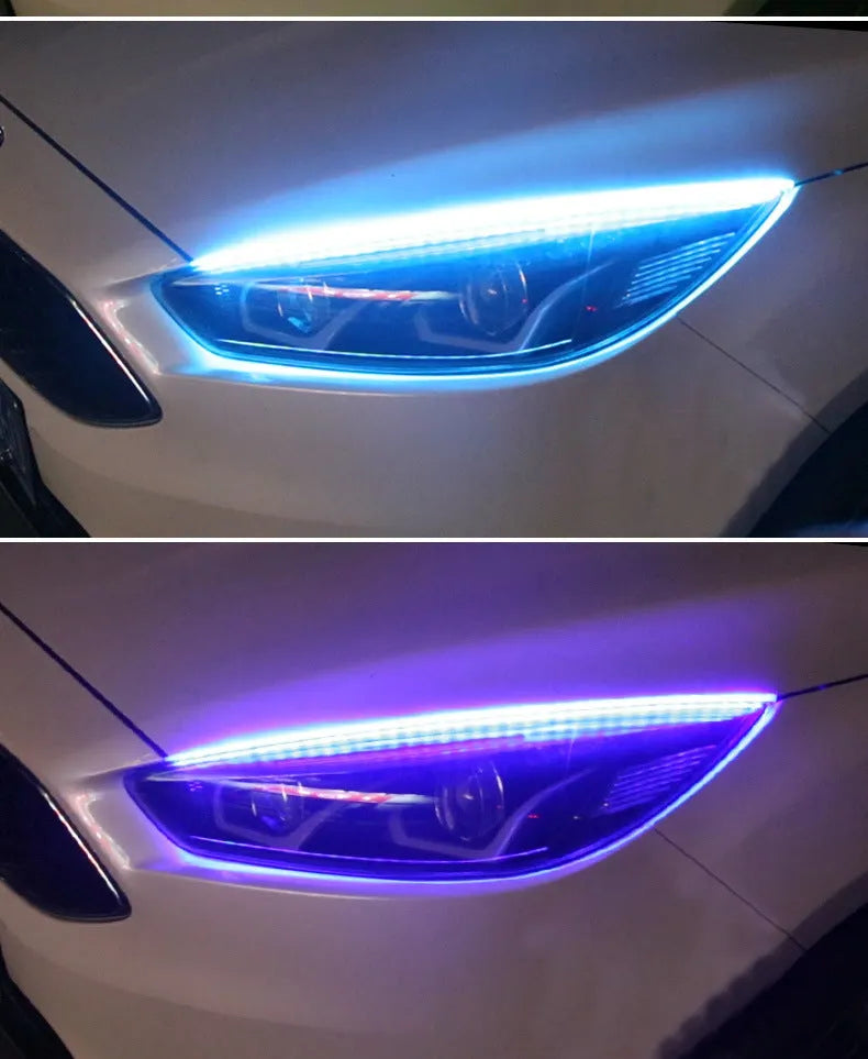 Universal LED daytime running lights with RGB colourful streamer turn signals and remote control for vehicles