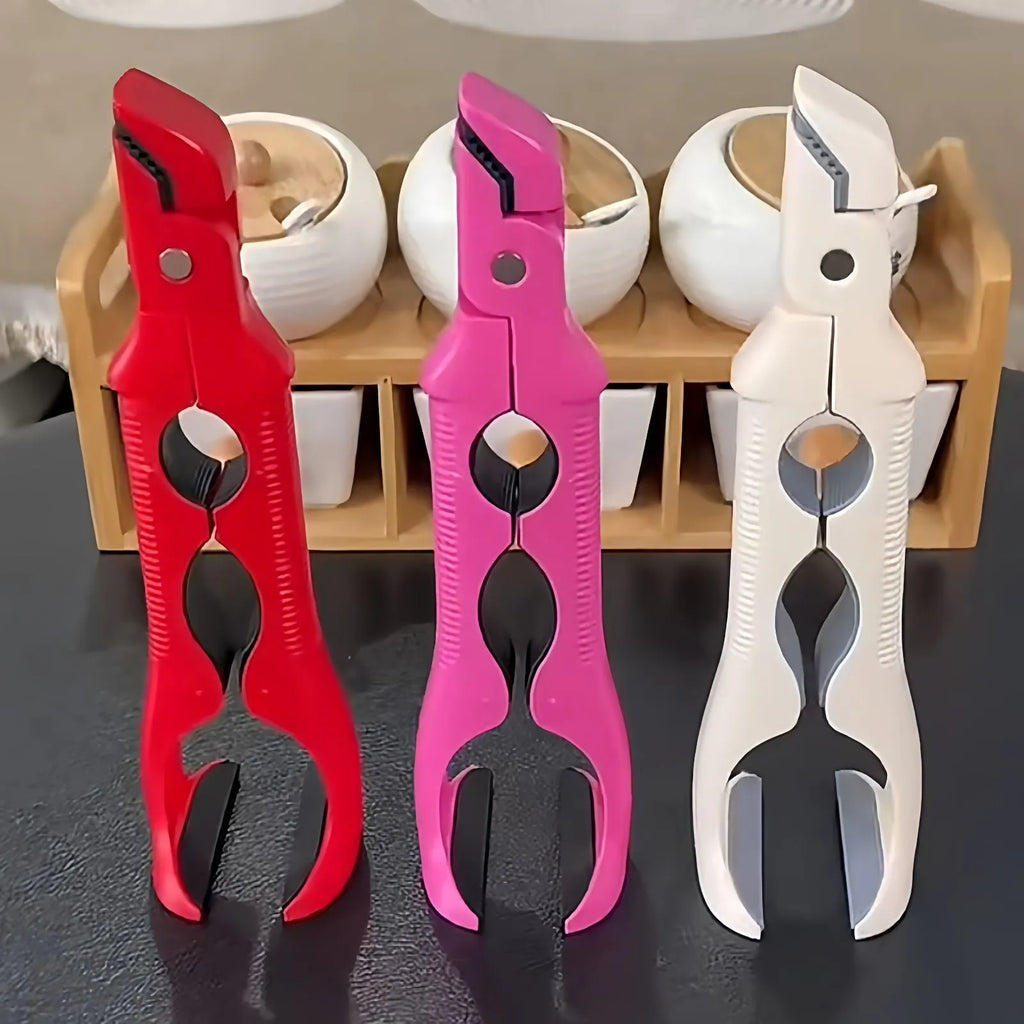 Three-in-one anti-scald clip for bowls and plates with bottle opener, non-slip, shown in Red, Rose Red and White