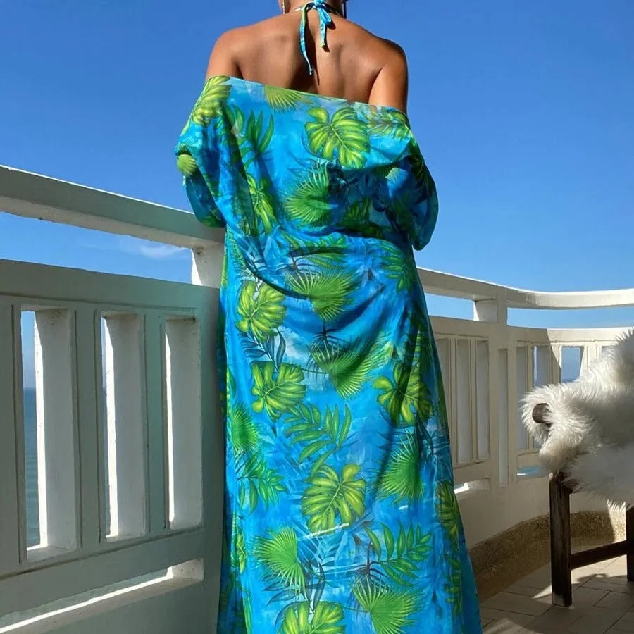 Women's long sleeve swimsuit set with bikini bottoms and cover-up robe in blue colour