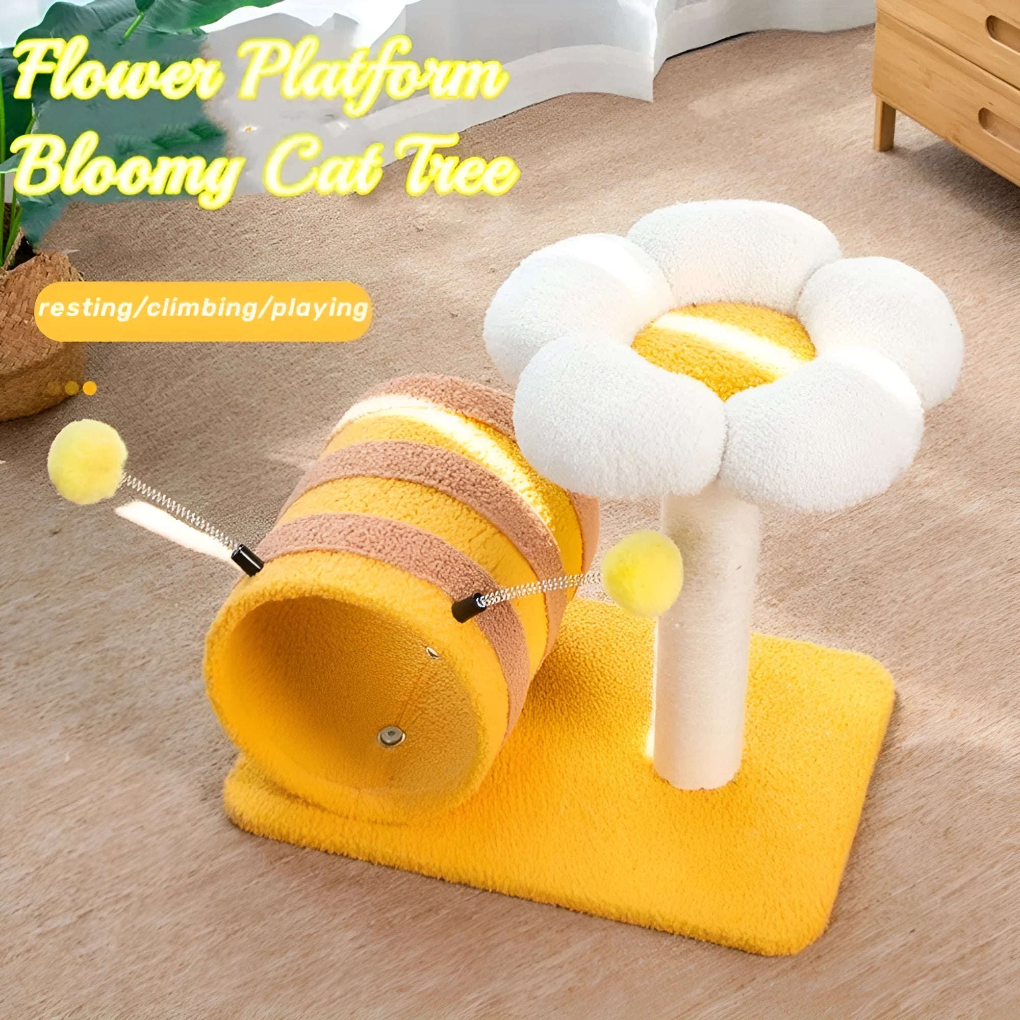 Yellow sisal cat scratching board with climbing frame and integrated tunnel, measuring 46cm by 36cm by 25cm
