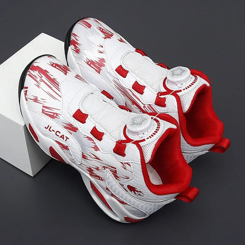 Children's rotating button basketball shoes in various colours with a synthetic leather upper and PU sole.