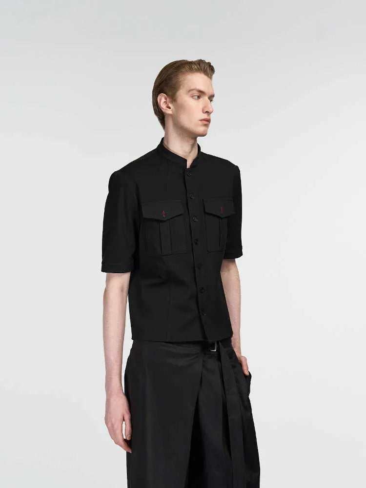 Handmade black half-sleeve hunting shirt with shirt collar and single-breasted design
