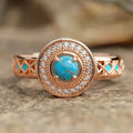 Women's turquoise geometric copper ring with inlaid zircon stones in rose gold finish