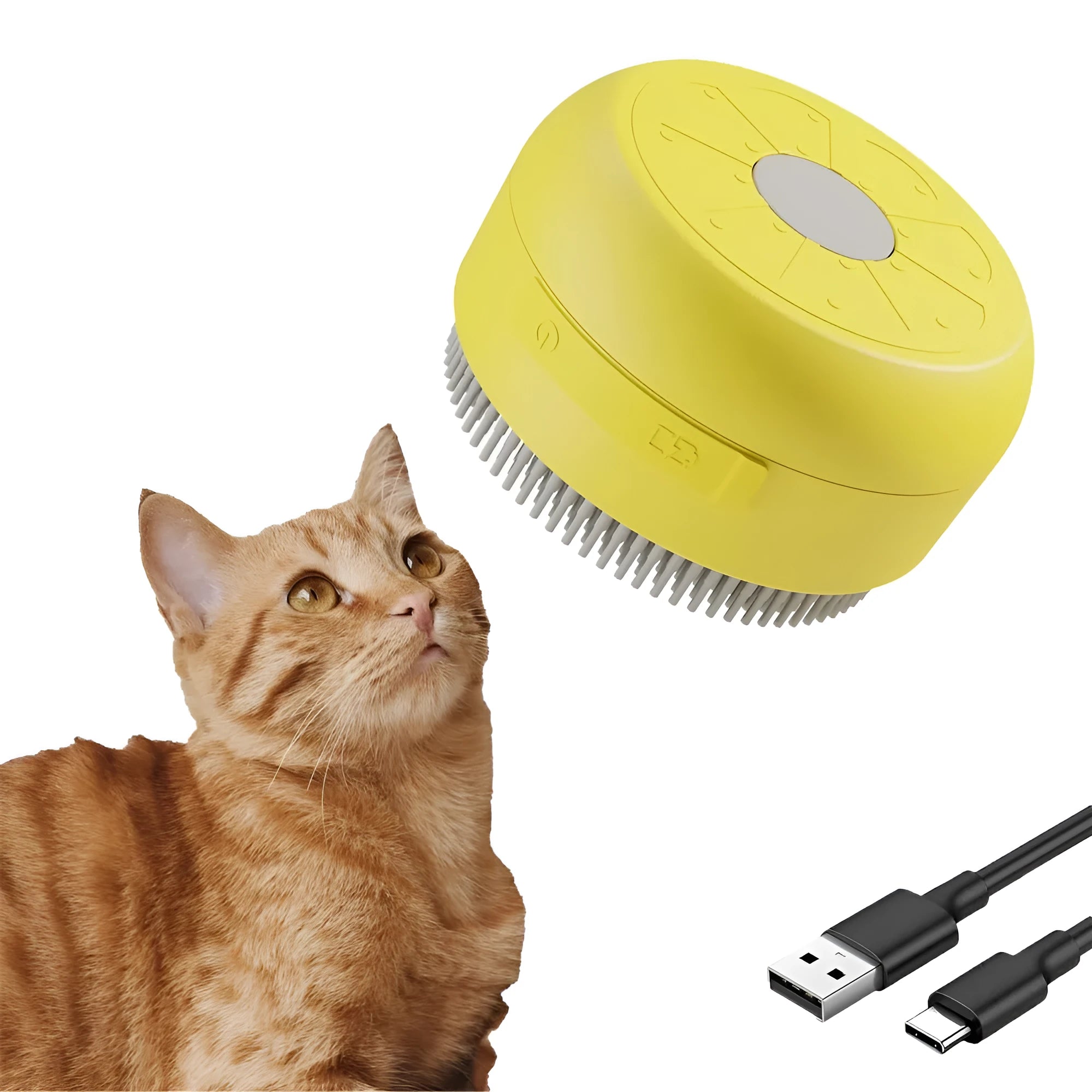 Green and yellow rechargeable cat steam brush with silicone bristles for pet grooming and massage.