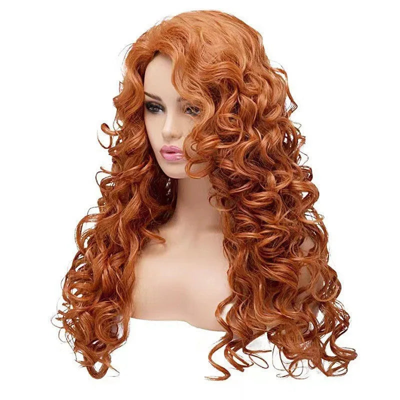 Long brown curly wig with instant noodles-style texture on wig head