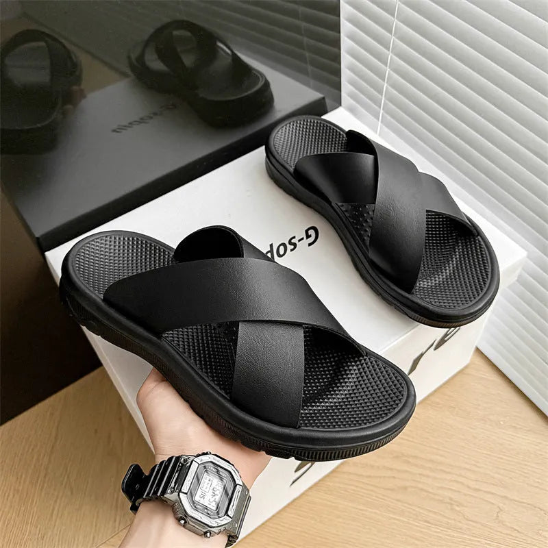 Men's leather cross beach slippers in black with double-sided leather upper and EVA sole
