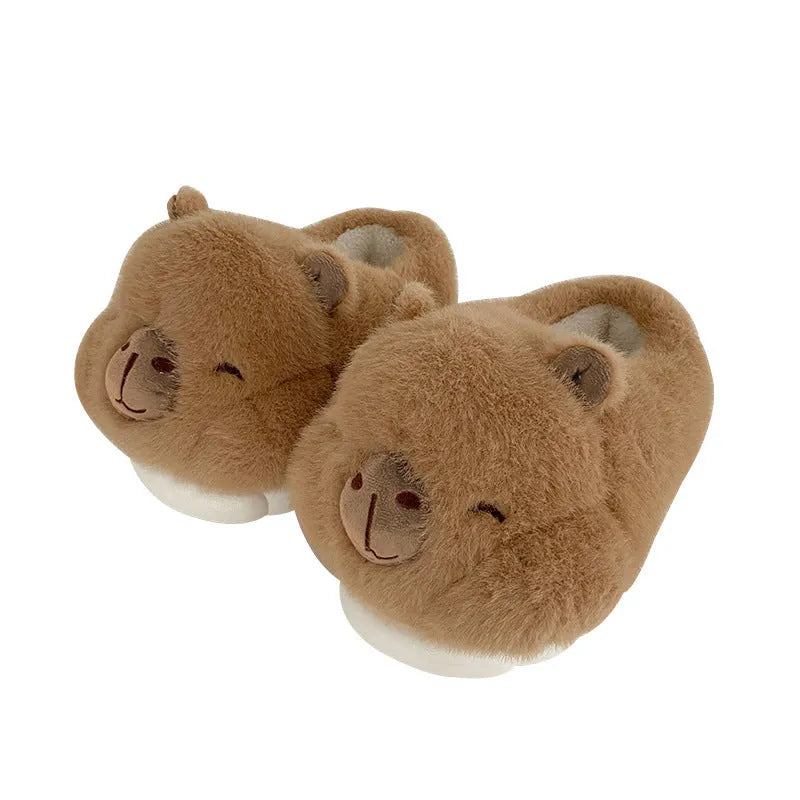 Light brown women's winter slippers with plush upper and artificial wool lining