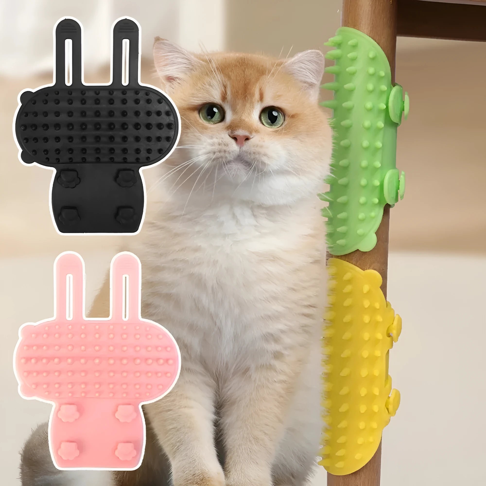 Silicone cat grooming massage comb with adjustable strap mounted on furniture leg