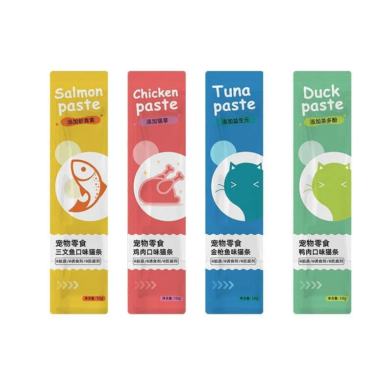Pack of cat strip snacks for childhood stage cats showing four flavour variety options
