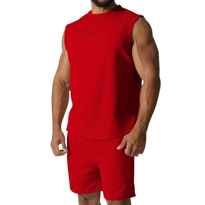 Men's sleeveless cotton blend sports set showing top and shorts in a solid colour.