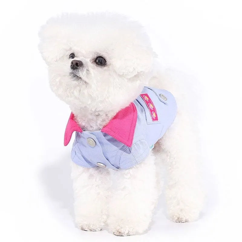 Blue and purple polyester dog vest with traction rope ring for small breeds in summer