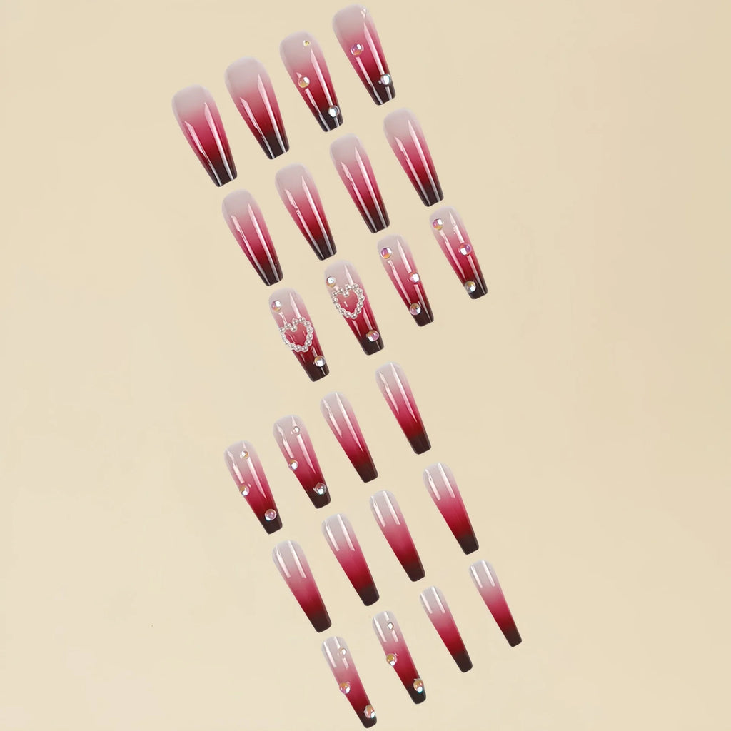 Wine red plaid false nail tips with pearl heart gradient, includes jelly glue and rubbing clause