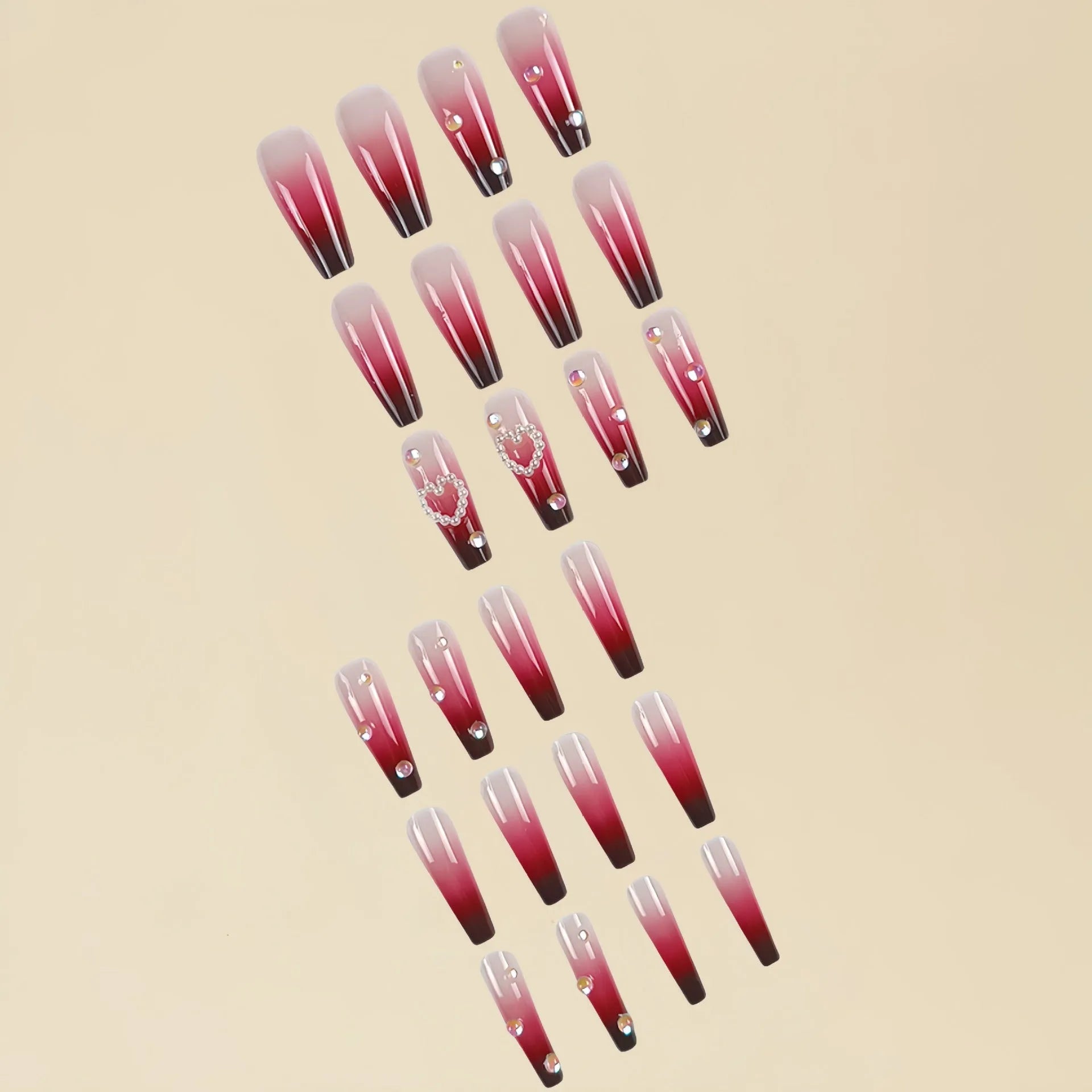 Wine red plaid false nail tips with pearl heart gradient, includes jelly glue and rubbing clause