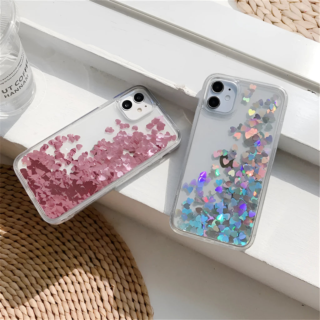Quicksand Flowing Love silicone phone case soft TPU bumper with transparent back and pink love design for Apple iPhone