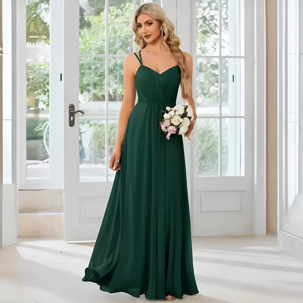 Women's long pleated A-line dress with sleeveless sling neckline in solid colours