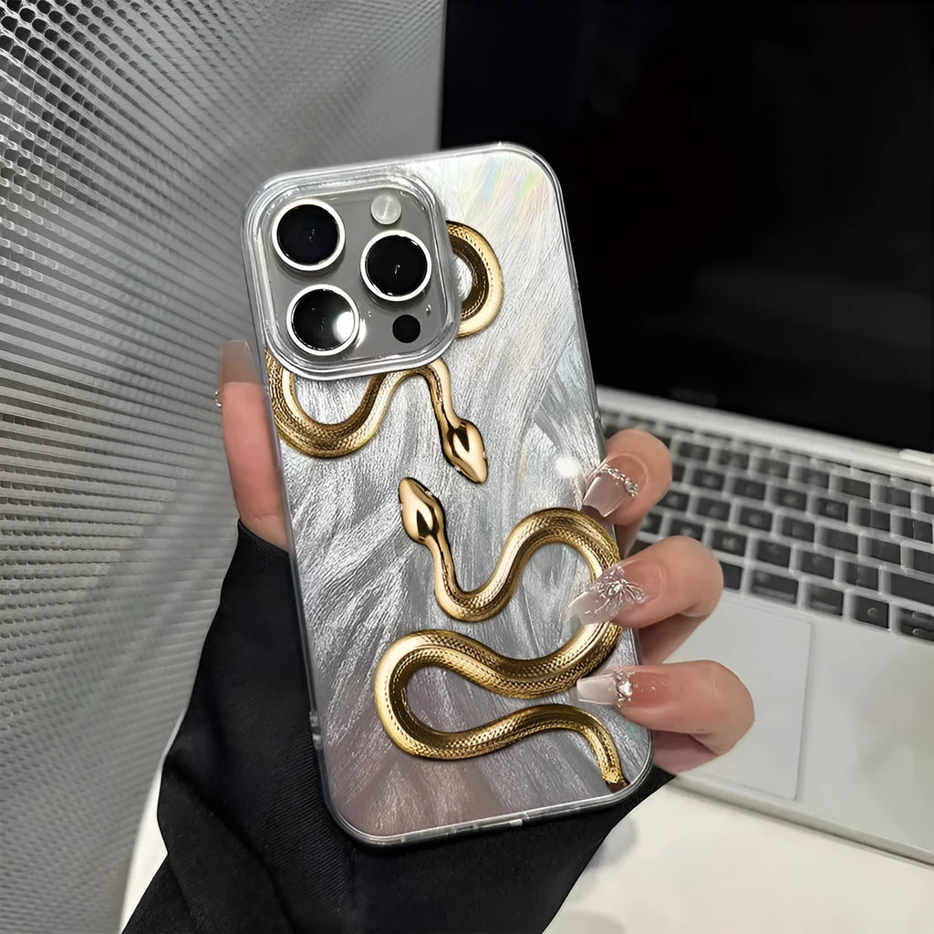 Silicone phone case with two gold snake animal print and frosted finish for iPhone