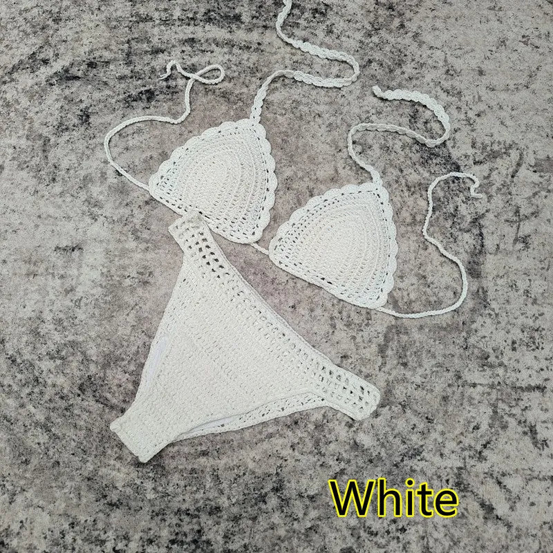 Women's handmade crochet three-piece bikini and beach skirt swimsuit set