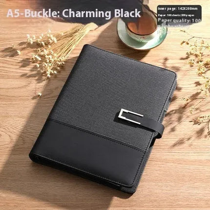 A5 soft PU leather notebook in brown, black, green, blue, or red, showing wood-free paper inside.