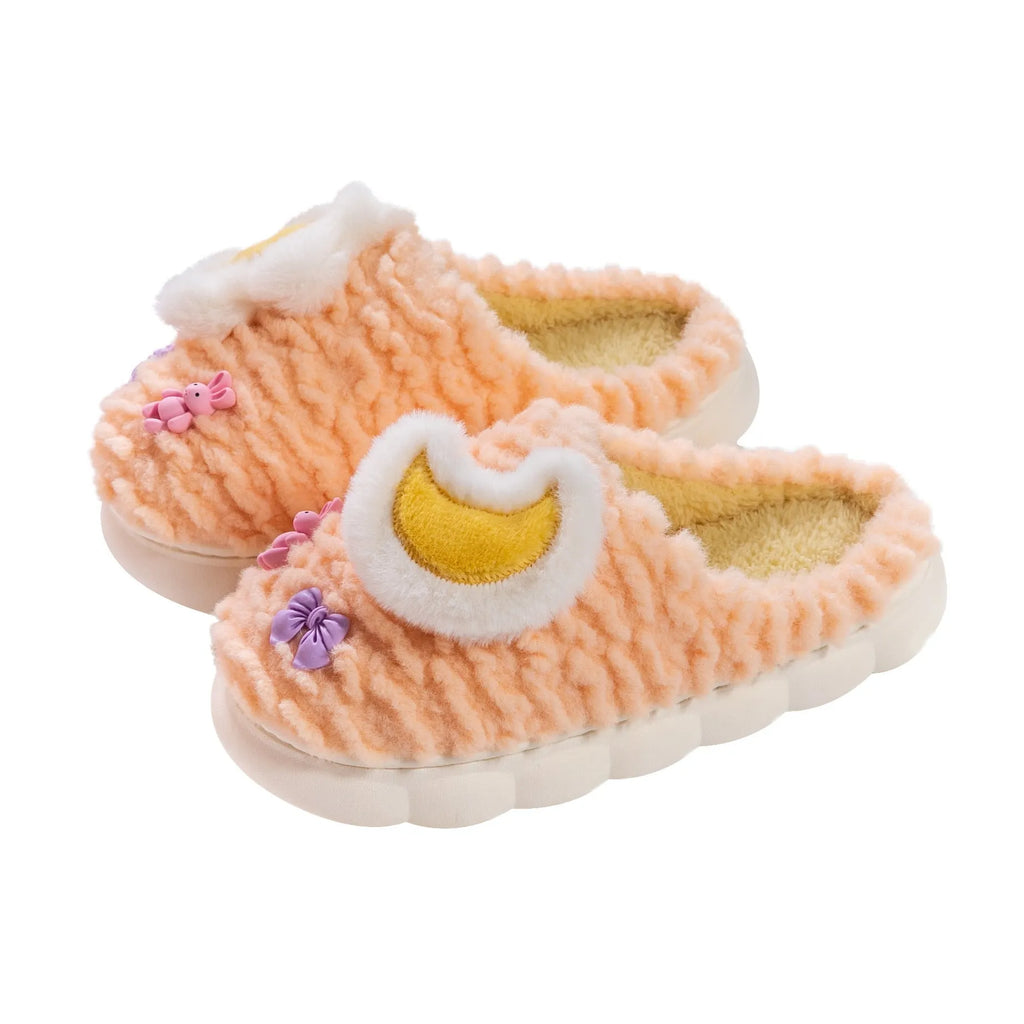 Women's light blue cartoon fleece-lined slippers with animal print and PVC sole