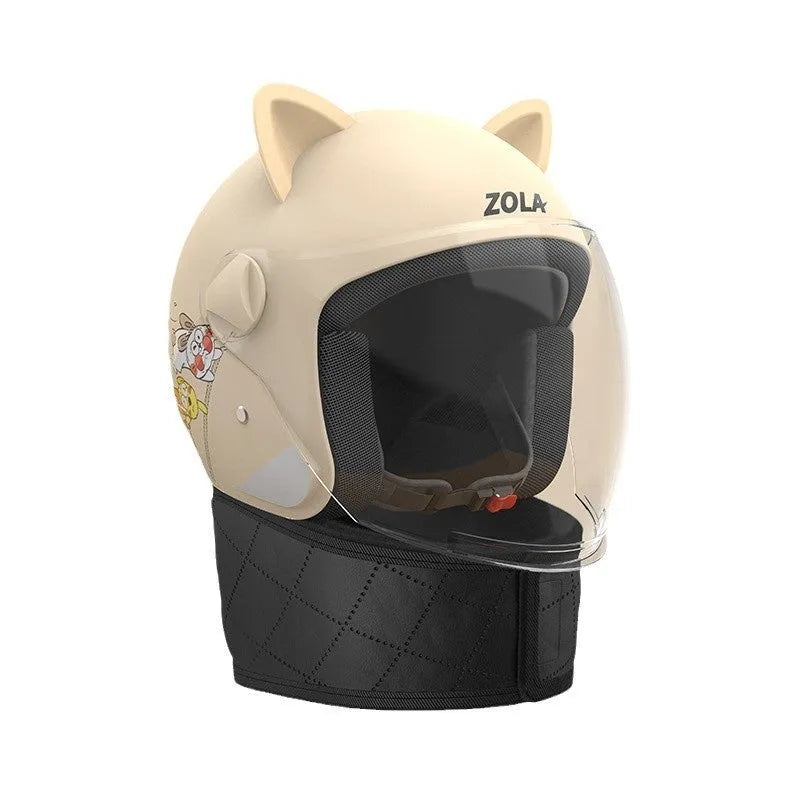 Winter cycling helmet with attached scarf and anti-fog visor shown in blue colour.