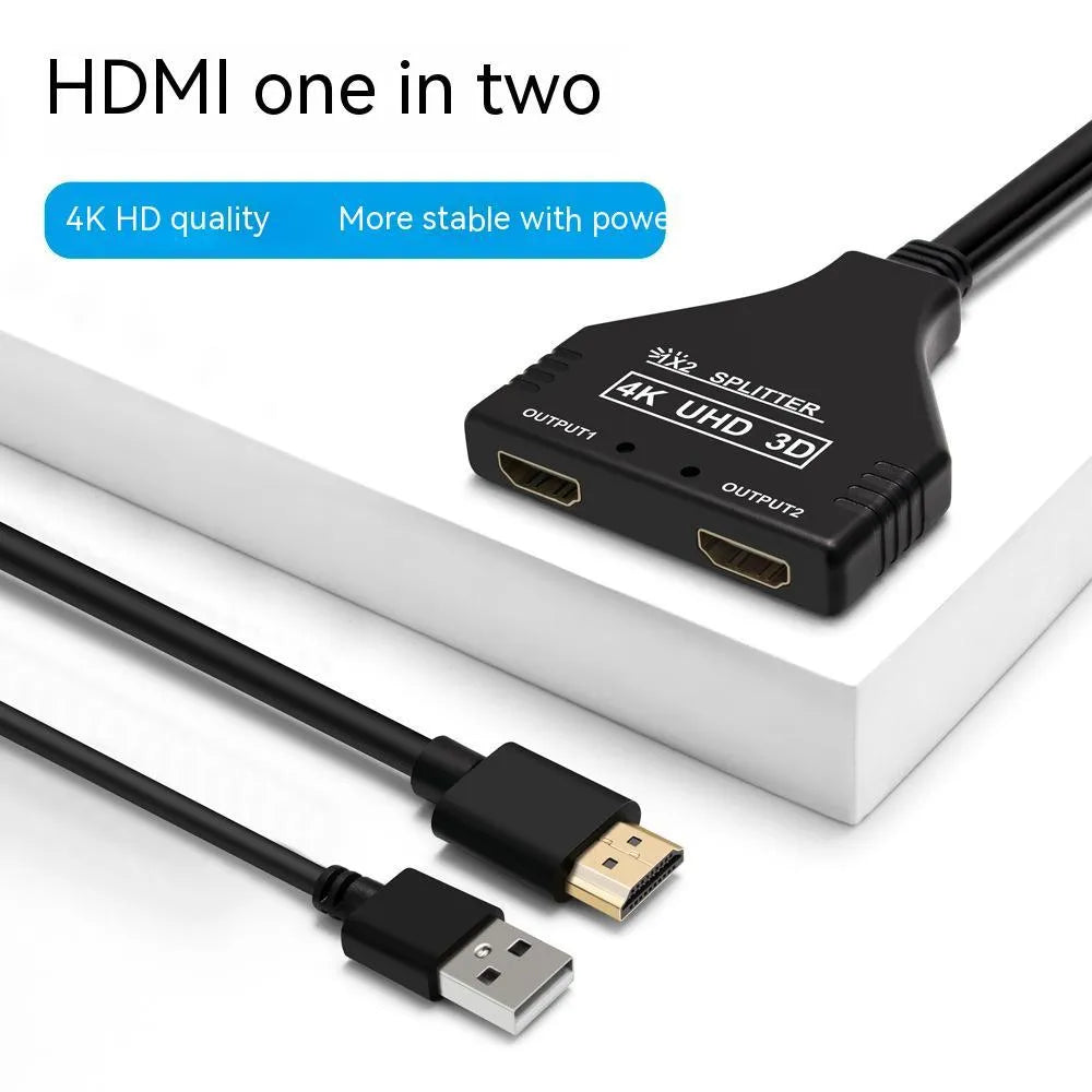 One divided into two HDMI distributor in black with USB power supply and 0.5 metre cable
